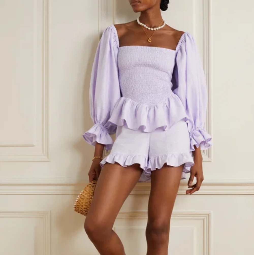 Sleeper Atlanta Lavender Linen Shirred Blouse M